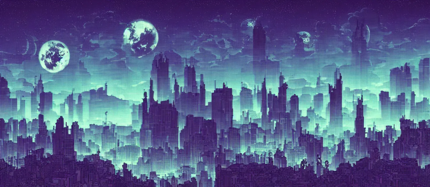 Prompt: Wide shot of a silhouette watching a sci-fi city with clouds and planets over skyscrapers, night time, 2D, 8bits graphics, SNES Castlevania game style, high colors compression, low saturation, very noisy, gradient, weird space, crushed quality