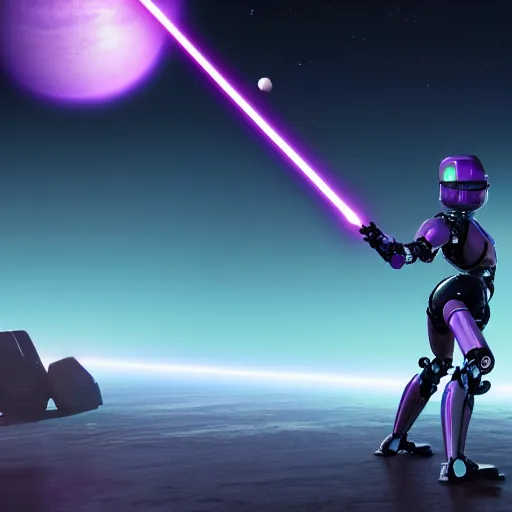 Prompt: humanoid robot in fighting stance wielding lightsaber in front of a violet planet in the sky, unreal engine, featured on cgsociety, trending on artstation, detailed, scifi futuristic character concept, simon stalenhag, movie still, octane render, hubble telescope, violet planet, stars, hyperrealistic, cinematic, by weta digital, epic action pose