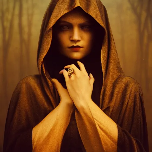 Image similar to a portrait of a young woman wearing a long dark cloak, hood and shadows covering face, holding golden chains, oil painting, matte painting, black background, Volumetric Golden dappled dynamic lighting, Highly Detailed, Cinematic Lighting, Unreal Engine, 8k, HD, by Beksinski