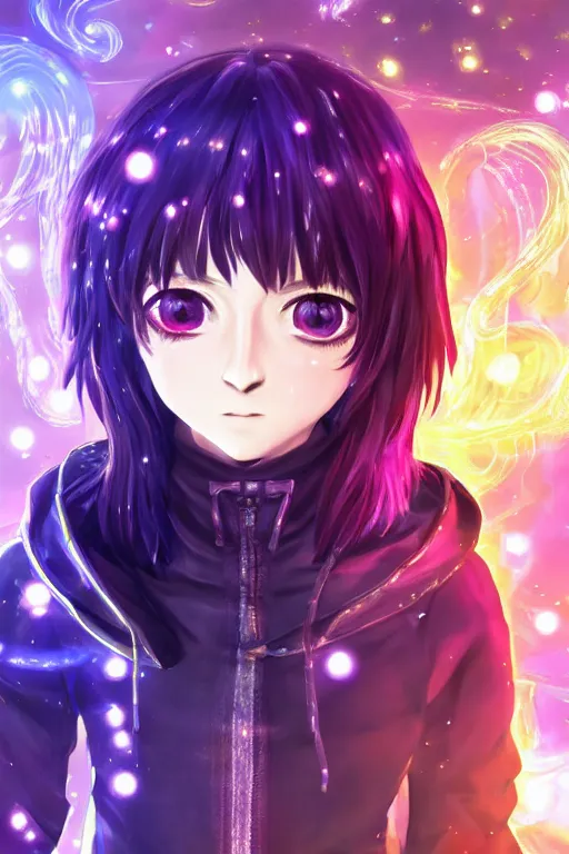 Image similar to portrait of arya stark as a 3d anime character with cute sparkly eyes wearing a psychedelic holographic hoodie long hair with pastel colors in the style of code vein by Kurumi Kobayashi Koichi Itakura, 3d anime, octane render, dynamic dramatic lighting with glitch and chromatic abbreviations artstation cgsociety imaginefx by anime concept artist rendered in unreal engine by WENJR WLOP artgerm