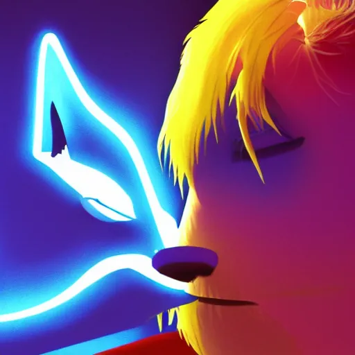 Image similar to portrait of a male humanoid cartoonish wolf with white snout, blue head and light yellow hair looking to the side, synthwave style