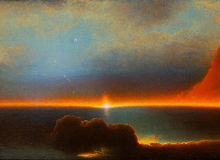 Image similar to a young earth, filled with volcanos, lava, glowing sky and a very thin atmosphere. water is just starting to form. in the style of hudson river school of art, oil on canvas