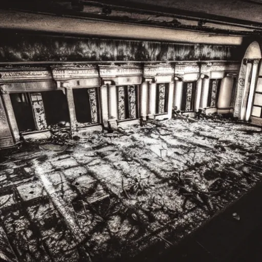 Prompt: a picture of a large abandoned theatre, it is a ruin, there are two male silhouettes, 50 mm, beautiful photograph