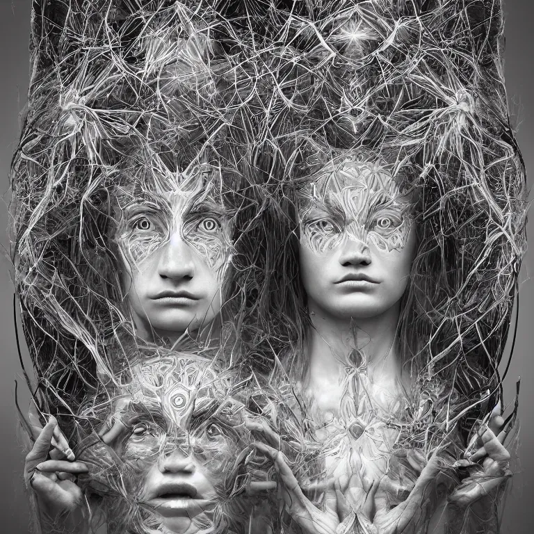 Image similar to An epic photo illustration of female symmetrical portrait by Michael Sydney Moore, Alex Grey, Irakli Nadar, hyper detailed, 50mm, award winning photography