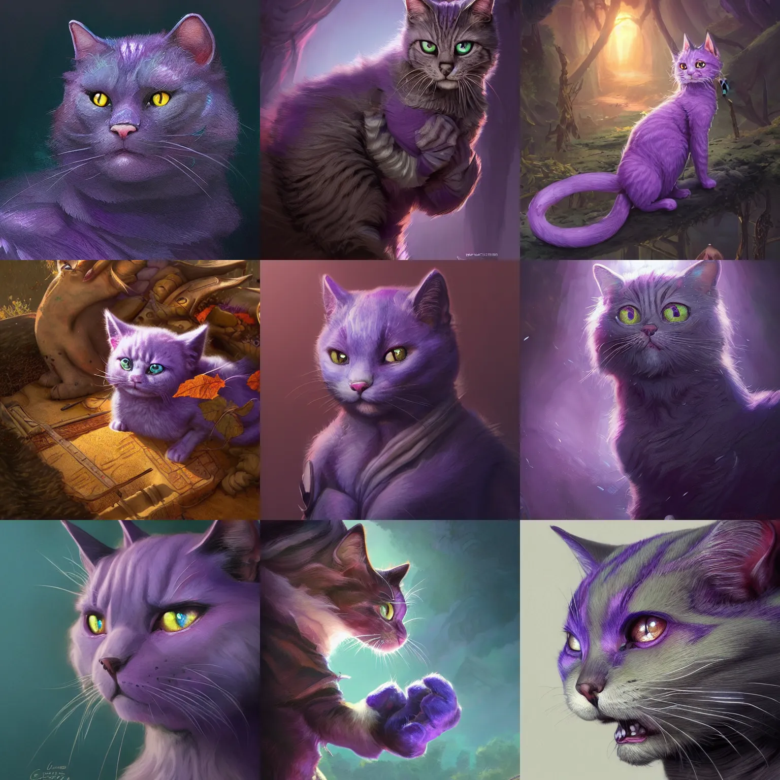 Prompt: chrusty chrus, the purple cat, highly detailed, d & d, fantasy, highly detailed, digital painting, trending on artstation, concept art, sharp focus, illustration, global illumination, shaded, art by artgerm and greg rutkowski and fuji choko and viktoria gavrilenko and hoang lap