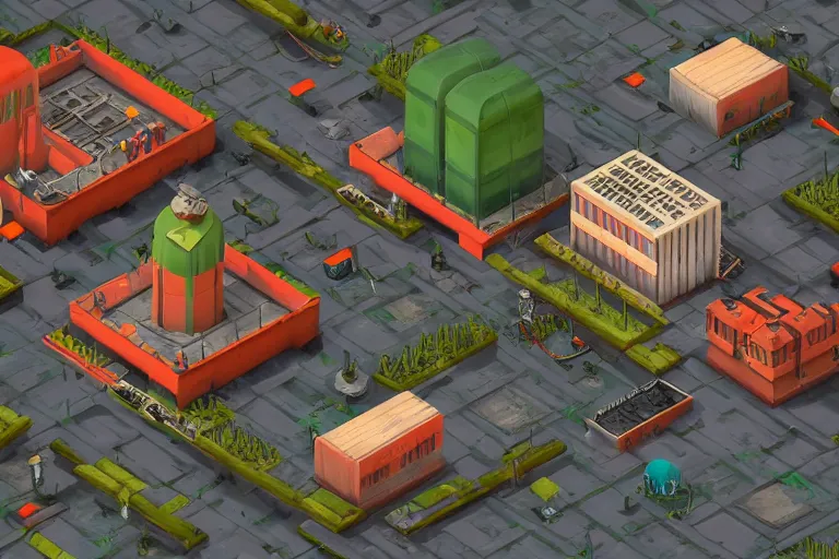 Prompt: isometric soviet industrial rpg game level, digital art, pollution, toxic waste, 3 d render, octane render