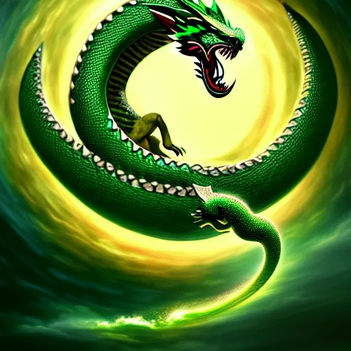 Image similar to illustration of the emerald dragon ouroboros god gaving birth to the universe, epic, masterpiece, digital art, matte painting, bold shapes, hard edges, trending on artstation, by kate irwin