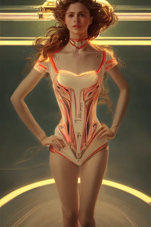 Image similar to portrait beautiful female formula one car-racer, at racer track, formula one car, ssci-fi, fantasy, intricate, very very beautiful, elegant, human anatomy, neon light, highly detailed, digital painting, artstation, concept art, soft light, smooth, sharp focus, illustration, art by tian zi and WLOP and alphonse mucha