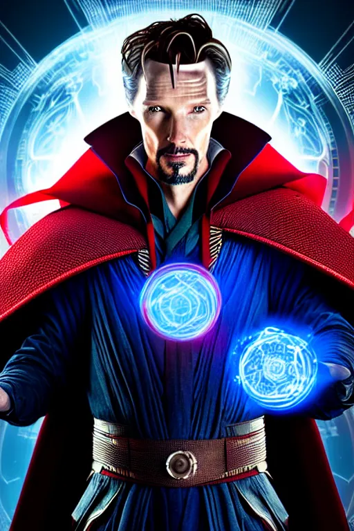 Image similar to futuristic portrait art of an armored cyberpunk doctor strange, futuristic style doctor strange, cyberpunk, cinematic movie still 2 0 7 7