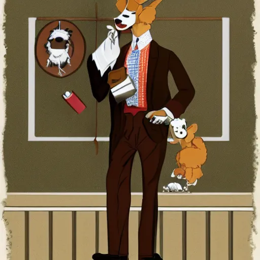 Image similar to award winning character art commission of an anthro furry humanoid goat smoking a cigar, three piece suit, in the style of norman rockwell,