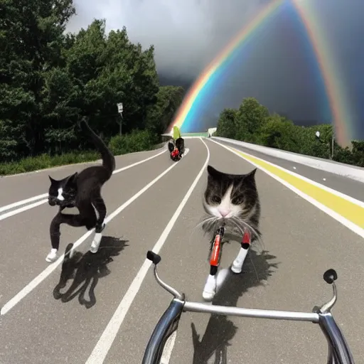 Prompt: cats cycling on the mariocart rainbow track