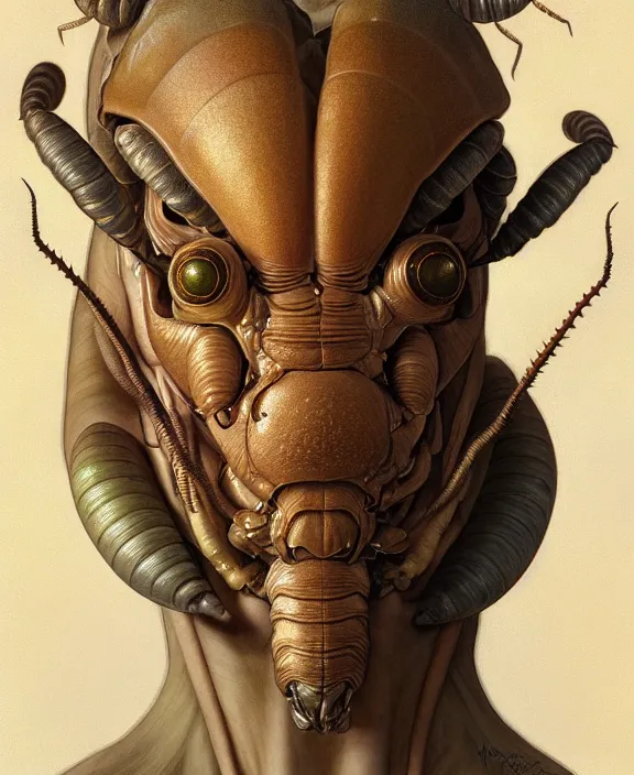 Image similar to intricate earth - toned portrait of a comforting alien insect creature, mottling coloring, adorable, childlike, overgrown environment, ultra realistic, concept art, maximalist, photorealistic, octane render, 8 k, unreal engine. art by christopher marley and artgerm and greg rutkowski and alphonse mucha