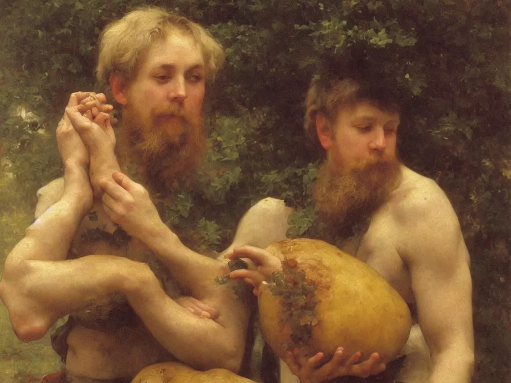 Image similar to irish man holding a big potato, bouguereau