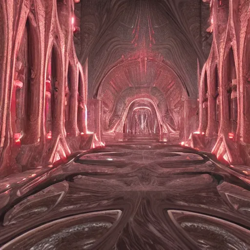 Image similar to alien biotech cathedral made of dark grey marble with light red veining and highly detailed ornaments extruding the complex surface, photorealistic, high quality lenses, cinematic lighting, volumetric lighigh quality environment, next gen rendering, nvidia