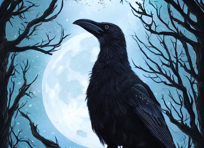 Image similar to a hyper-detailed fantasy wallpaper book cover, portrait of a crow on a tree in front of the full big moon; an extraordinary masterpiece!!!; flawless; proud posture; photorealistic eyes; trending on artstation; f/1.4; 90mm