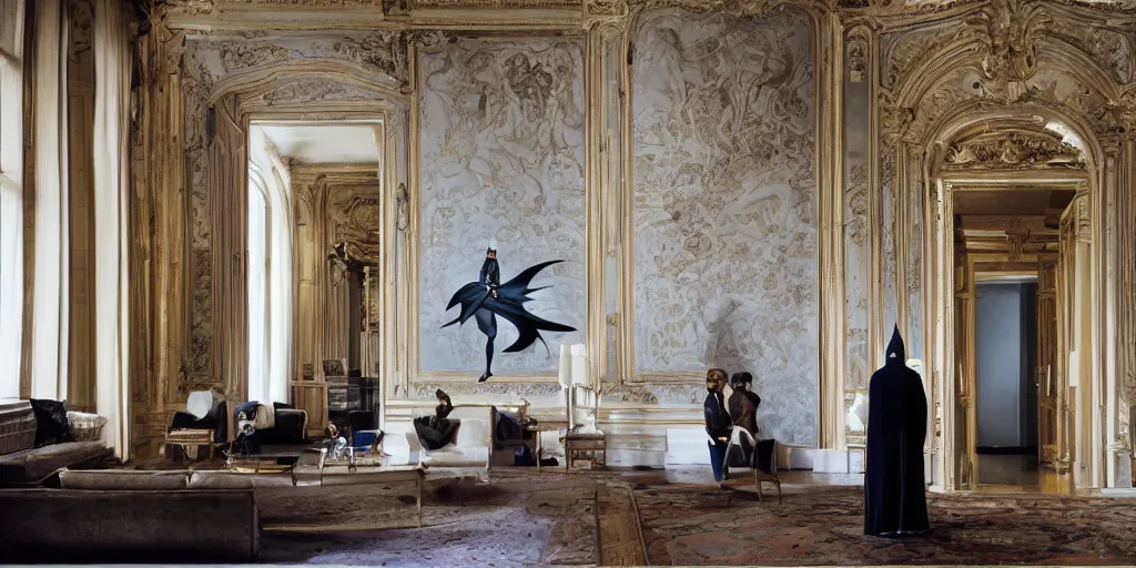 Image similar to Batman standing in giant Italian modern castle living room, clean minimalist design, that is 1300 feet tall, with very tall giant walls filled with modern art paintings, doors that are cosmic portals, photo by Annie Leibovitz