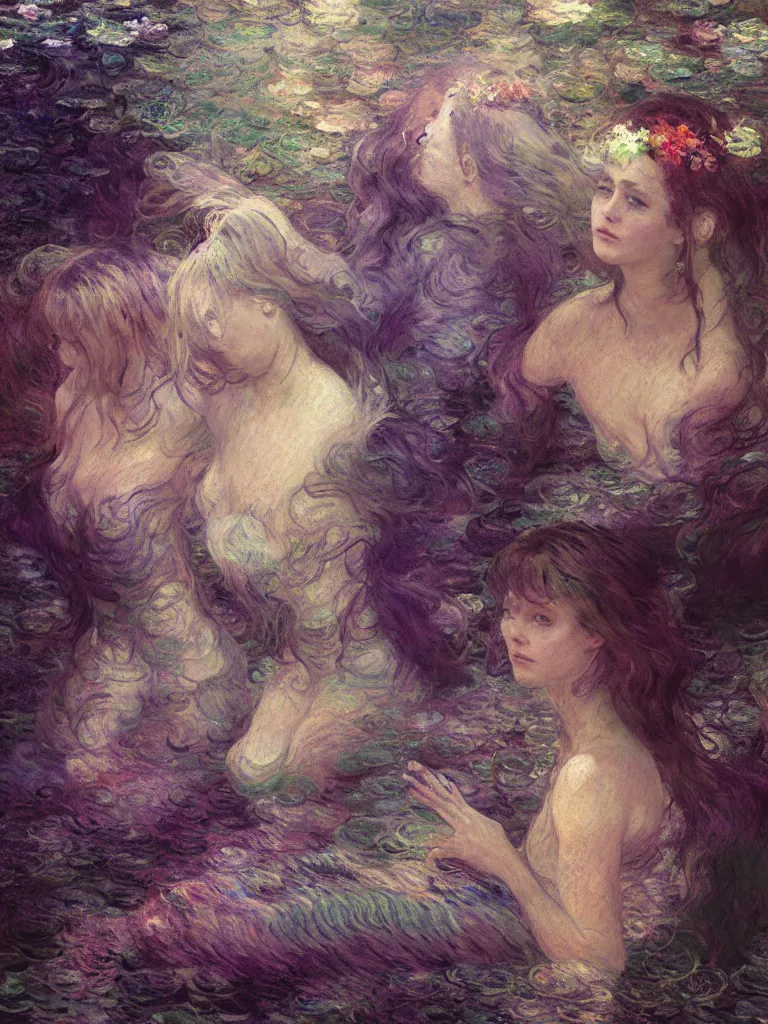 Image similar to illustration studio portrait of three dark beautiful mermaids female energy in artistic poses in the river at the forest, monet painterly motives and textures pattern, hyper detailed, octane render, vivid colors, artstation, by jeremy mann, by alphonse mucha, by monet