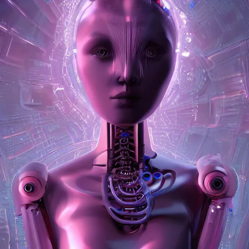 Image similar to an extremely beautiful biomechanical female robot with large emoji, twins, neon jacuzzi, oppai cyberpunk, chimeric organism, pale skin, organic polycarbon, full frontal portrait, highly detailed, transhumanist hydration, light bath, symmetrical, goddess, mendelbrot fractal, ray tracing, hyperdetailed, hyperrealistic, trending on artstation, octane render, hdr, uhd, in the style of trevor brown 4k