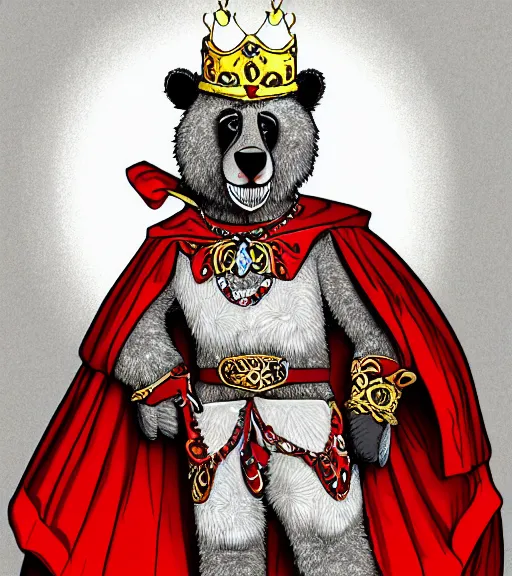 Prompt: expressive stylized master furry artist digital line art colored shaded drawing full body portrait character study of the anthro male anthropomorphic bear fursona animal person wearing gold crown and red cape royal western king regal intricate ornate vibrant colors