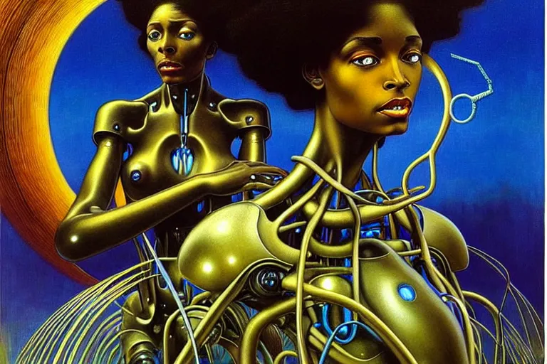 Image similar to realistic extremely detailed portrait painting of a beautiful black woman with a robot, futuristic sci-fi landscape on background by Jean Delville, Amano, Yves Tanguy, Mark Brooks, Alphonse Mucha, Ernst Haeckel, Edward Robert Hughes, Roger Dean, rich moody colours, blue eyes