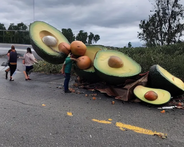 Image similar to picture of an overturned avocado truck, tons of avocados on the road that people are walking and picking up