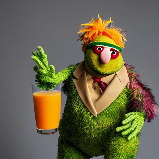 Prompt: portrait of muppet puppet cloth danny devito as a muppet puppet in sesame street drinking a glass of orange juice, dlsr photo, studio lighting, sigma lens, rim light, fur