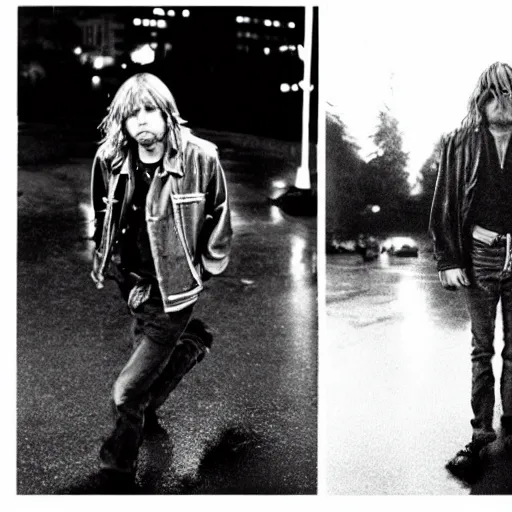 Prompt: night flash photography of kurt cobain in seattle on a rainy night photographed by annie leibovitz, raining! nighttime!