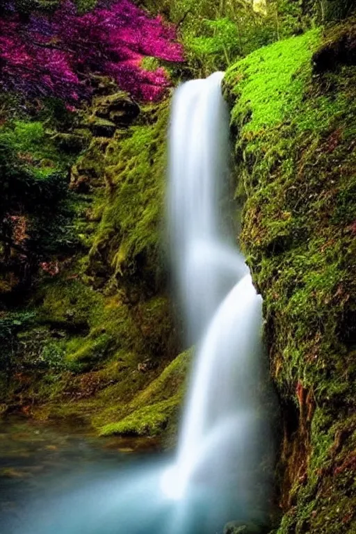 Prompt: A waterfall with all colors, fantasy, mystic