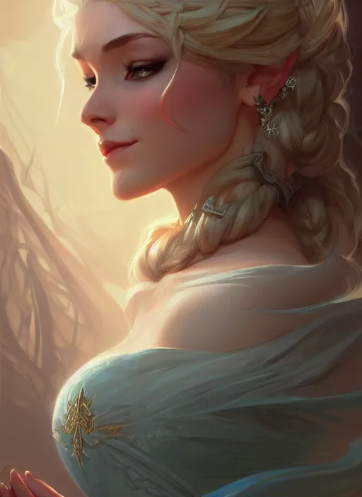 Image similar to elsa, d & d, fantasy, intricate, elegant, highly detailed, digital painting, artstation, concept art, matte, sharp focus, illustration, hearthstone, art by artgerm and greg rutkowski and alphonse mucha