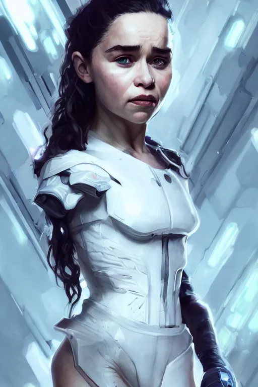 Image similar to Emilia Clarke wearing a White Cyberpunk outfit, anatomy, only two hands, highly detailed, digital painting, artstation, concept art, smooth, sharp focus, illustration, Unreal Engine 5, 8K, art by art by artgerm and greg rutkowski and edgar maxence