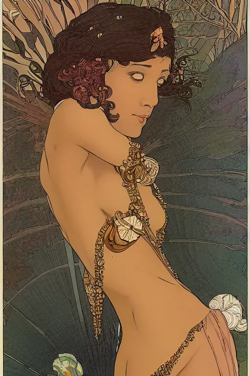 Image similar to a beautiful illustration of a black godess model girl with short hair, bikini, she's sad by mucha and moebius and geof darrow, sunset, street of hong kong, cinematic light, very detailed, depressing atmosphere, cover magazine