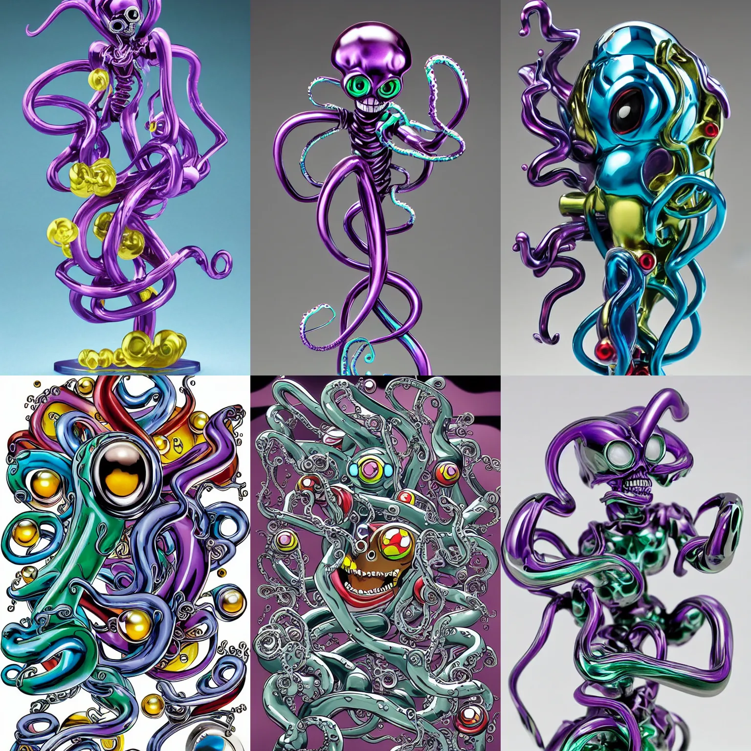 Prompt: swirly chrome tubes tentacles anatomy, medusa, splash, transformer robots (2005), superhero, cute, happy, sharp, funny, fun, screaming, laughing, drooling, elegant, simplistic splashy glossy melted skeleton skeletor action figure heman, drops, drips, beautiful cute, cute melting miniature resine action figure, 3d fractals, pictoplasma, tintoy swampmonster robot mechabot detailed wrinkled face Figure sculpture, goggle eyes, 3d primitives, in a Studio hollow, by pixar, by chris mars, by jason edmiston, cgsociety, zbrush, artstation, by greg rutkowski, by craig mullins, by haeckel