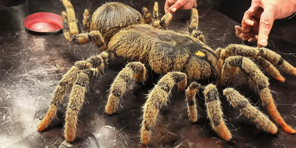 Prompt: A photo of a giant tarantula in the middle of the kitchen in hell's kitchen