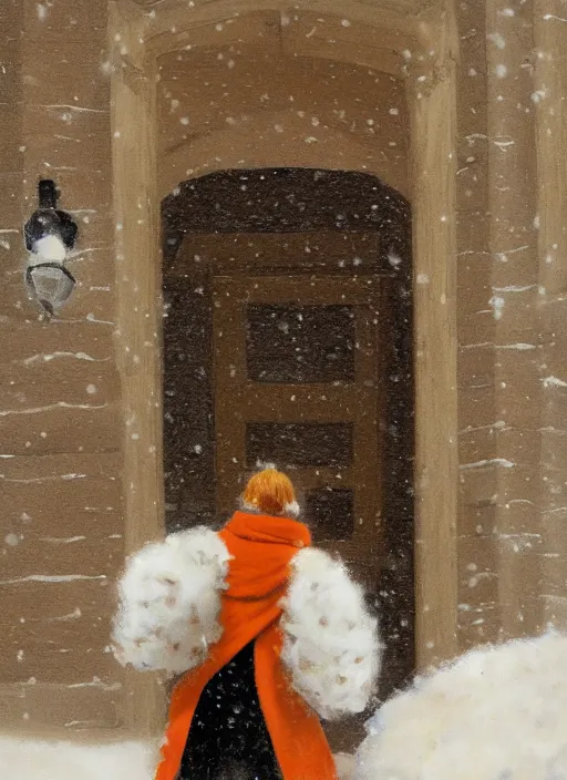 Image similar to back of emma stone in beige coat, orange hair, walking into new york apartment building in winter, opening door, building entrance, snow, zoomed out, artwork by gaston bussiere, craig mullins, trending on artstation