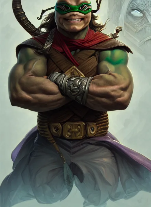 Image similar to Portrait of ninja turtle, D&D, muscular, fantasy, intricate, elegant, highly detailed, digital painting, artstation, concept art, smooth, sharp focus, illustration, art by artgerm and greg rutkowski and alphonse mucha