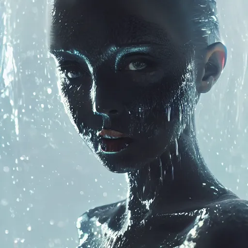 Prompt: beautiful dark carbon princess kissing emerging from melting dark liquid, translucent, in black water, steam and fog, glossy reflections, refractions, rim light, elegant, analog photography, depth of field, glints, glows, cgi, raytracing, octane render, prometheus, alien, blade runner, akira, matrix, hyperrealistic _ _