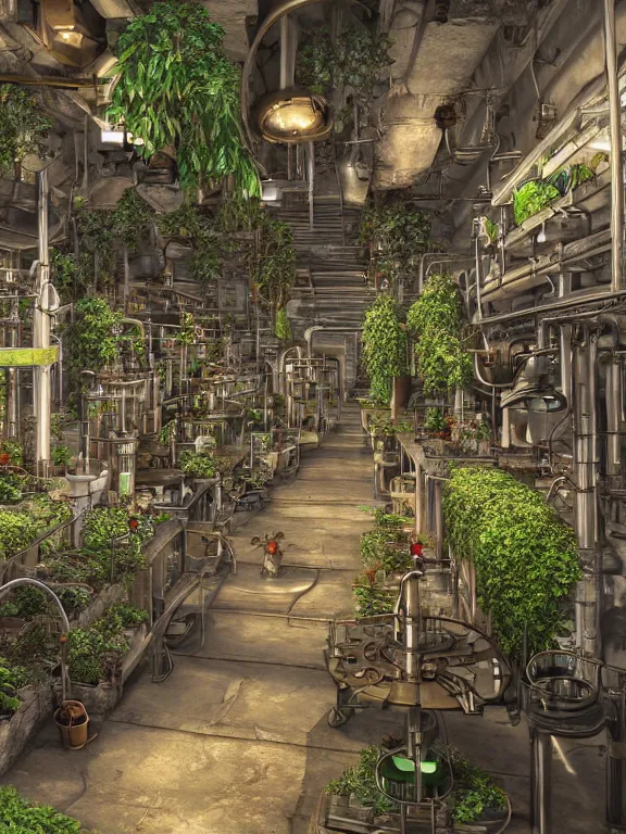 Image similar to A scenic view of A steampunk Plant Breeding Laboratory in undercity district depth ,by guido borelli ,vray Lumion