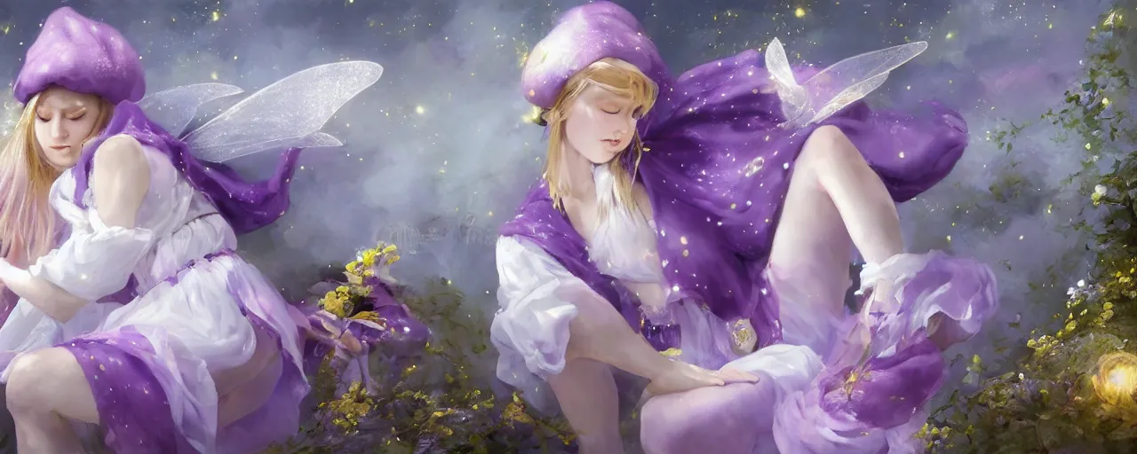 Prompt: Full View of a mysterious fairy maidens with short blond hair wearing an oversized purple Beret, Baggy Purple overall shorts, Short Puffy pants made of silk, silk shoes, a big billowy scarf, Golden Ribbons, white leggings Covered in stars. Short Hair. peasant magic. masterpiece 4k digital illustration by Ruan Jia and Mandy Jurgens and Artgerm and greg rutkowski , award winning, Artstation, art nouveau aesthetic, Alphonse Mucha background, intricate details, realistic, panoramic view, Hyperdetailed, 8k resolution, intricate art nouveau, smooth, sharp focus