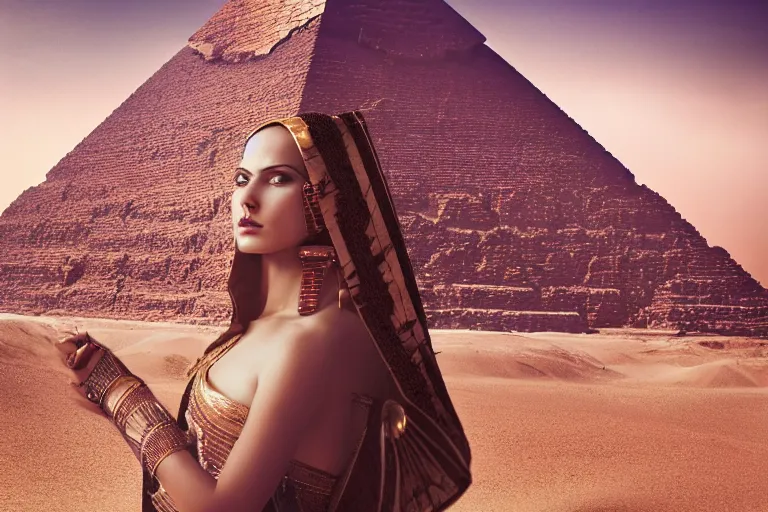 Image similar to a cinematic photograph of a beautiful woman wearing egyptian clothing stood on a pyramid overlooking a vast dystopian desert landscape with a river, rainy day, beautiful lighting, depth, accurate details, by marco mazzoni and zack snyder