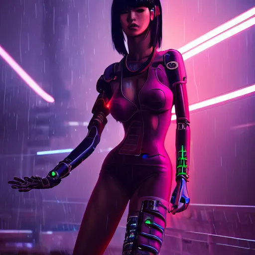 Image similar to An epic comic hyperrealistic portrait anime painting of a cyber warrrior girl wearing futuristic wardrobe, black and reddis, ultradetailed face expression trending on artstation and artbreeder, cyberpunk 2077 color, heavy rainning at tokyo night, neon light rooftop, unreal 5, DAZ, 8k, unreal 5 engine render, cosplay, RPG portrait, final fantasy Vll world concept, dramatic lighting, rim lights, PS5 render quality