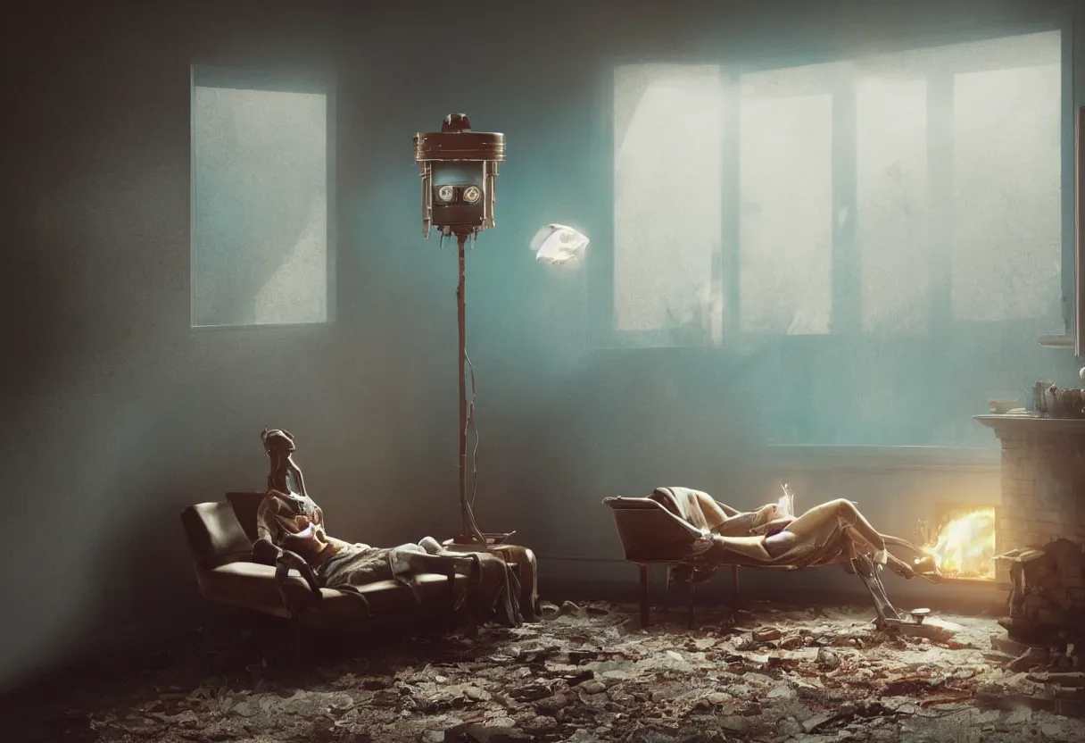 Image similar to intimate photograph of one single lone solitary cerulean and brown decaying futuristic robot lying on a frayed fainting couch in front of a beautiful fireplace with a cozy fire, in a dusty Victorian home, soft morning light seeping in a window, with cinematic lighting and lens flare, tall ceiling, octane render, cgsociety, by Simon Stalenhag and Rouhollah Toghyani and Sylvian Boussiron and Alfonso Cuaron, highly detailed closeup portrait, award-winning highly detailed 8k anamorphic closeup tight cinematic movie photograph