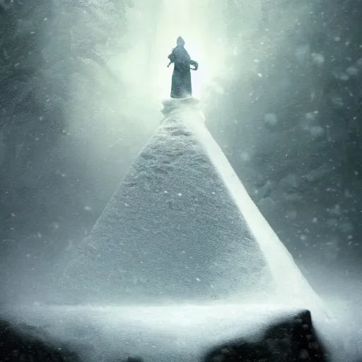 Prompt: cinematic shot epic portrait an snow pyramid in middle of an snowy forest, cloudy, foggy, blizzardy, broad light, ambient occlusion, volumetric light effect, made by ivan aivazovsky, peter mohrbacher, greg rutkowski, matte painting, trending on artstation, 4 k, perfectly defined features, digital painting, cinematic, epic, highly detailed,