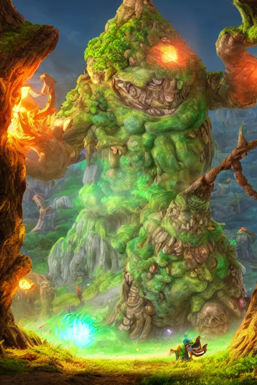 Image similar to zelda fantasy art giant golem elemental wood rock greeble gemstone enchanted forest troll, global illumination ray tracing hdr fanart arstation by sung choi and eric pfeiffer and gabriel garza and casper konefal bastion forged hardmesh lisa frank zbrush central radiating a glowing aura global illumination ray tracing hdr volume light