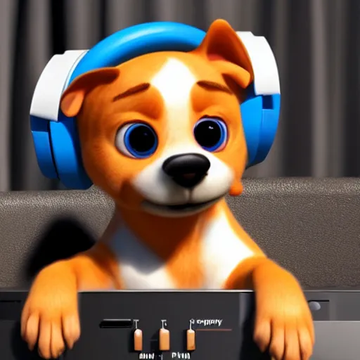 Prompt: puppy as a happy DJ, 8k, by Pixar