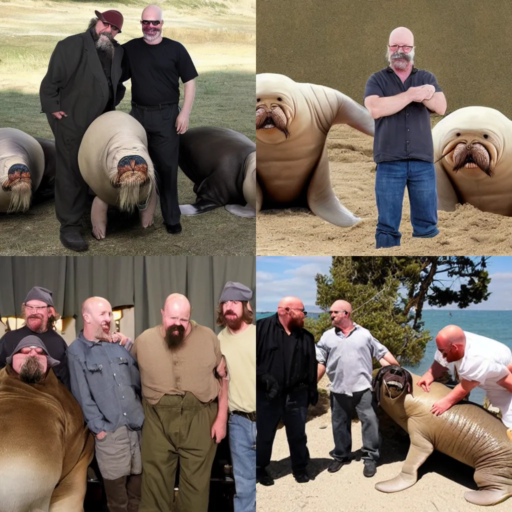 Prompt: jamie hyneman meeting his walrus family
