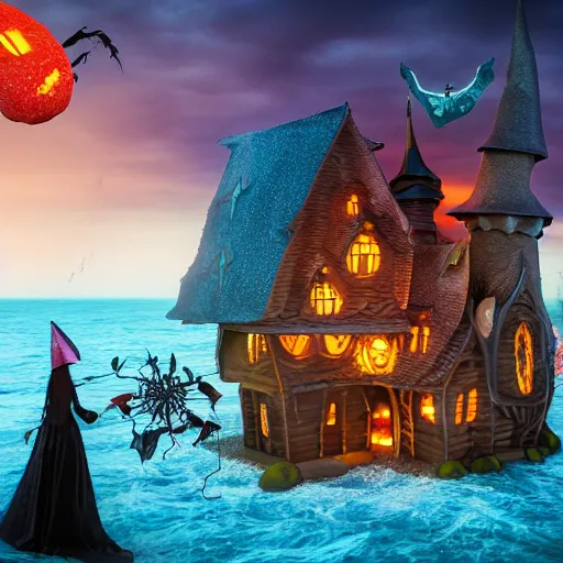 Image similar to a scary witch in front of a witche house made out of candy, floating on the ocean, epic scene, fantasy, cinematic, redshift render, cgi, hyper - detailed, photo - bash, 8 k post - production, masterpiece