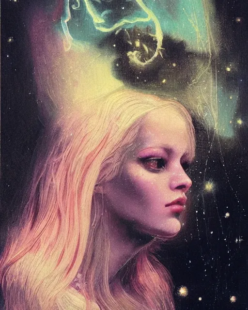 Prompt: a beautiful and eerie baroque painting of a gorgeous young woman in dead space, with wild blonde hair and haunted eyes, 1 9 7 0 s, space station, neon light showing injuries, delicate ex embellishments, painterly, offset printing technique, by brom, robert henri, walter popp