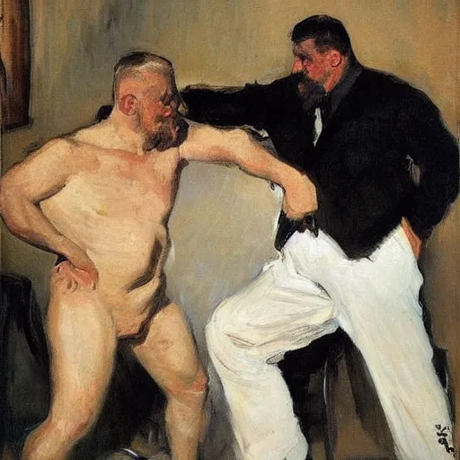 Prompt: two strongmen in love, one white one black, painted by Joaquín Sorolla