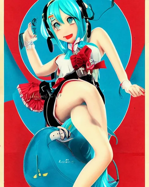 Image similar to Hatsune Miku full body pin up modeling in idol unioform, with a park in the back ground, post war style, detailed face, american postcard art style, by Gil Elvgren