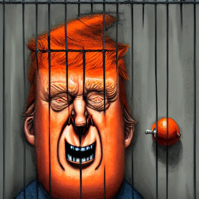 Image similar to prison cell behind bars of jail gediminas pranckevicius | close up portrait of a evil trump with orange hair behind jail bars in the sinister, one mouth, one nose, two eyes, oil painting by tomasz jedruszek, cinematic lighting, pen and ink, intricate line, hd, 4 k, million of likes, trending on artstation